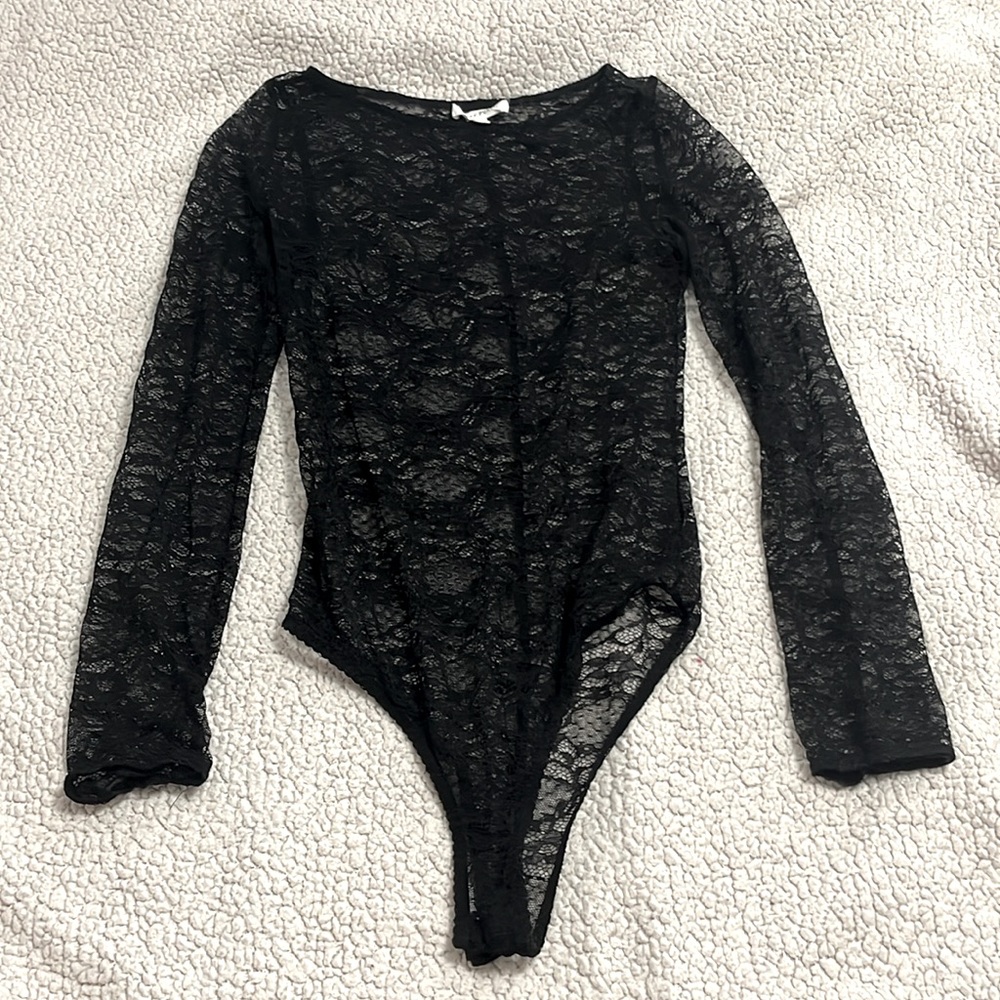 Black floral mesh bodysuit S